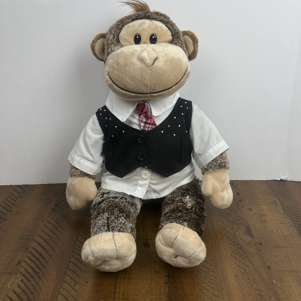 Build-A-Bear Monkey Plush 18" Brown Stuffed Animal Dress Shirt Vest Tie Outfit